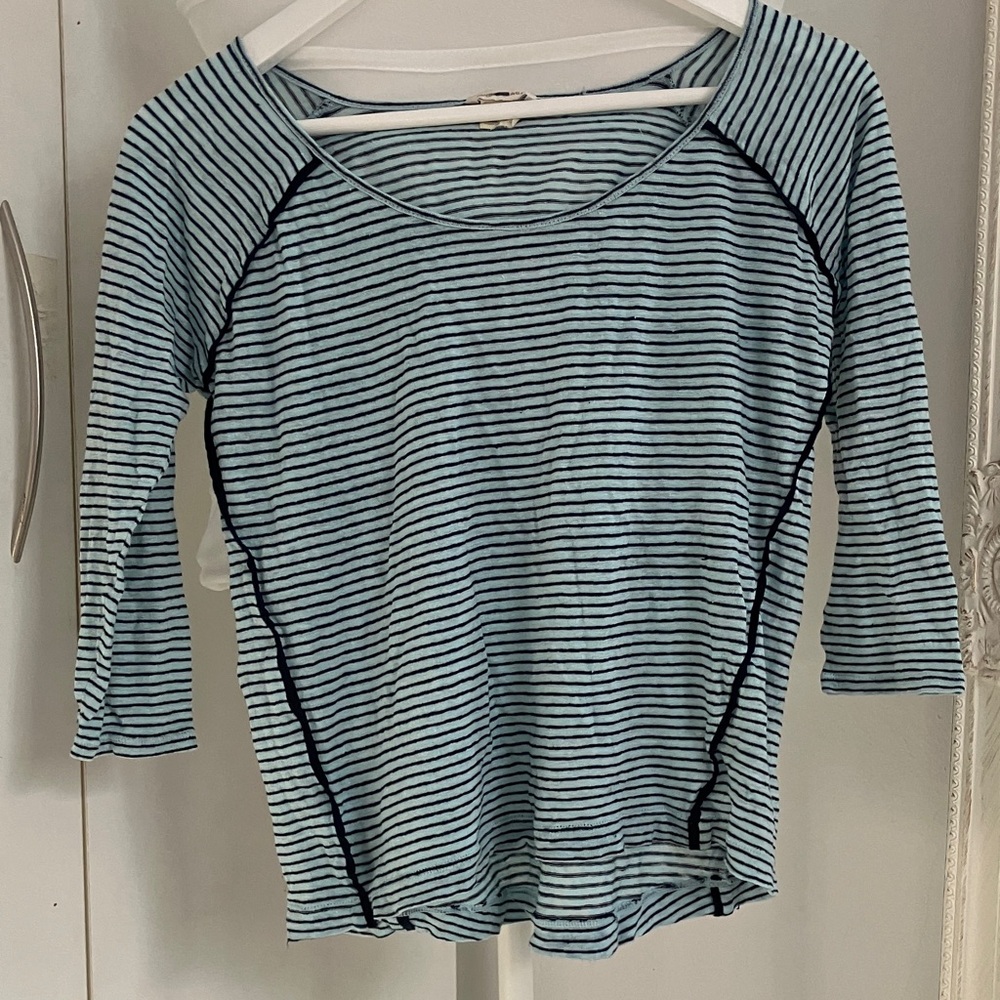 Club Monaco Light Blue Striped linen 3/4 Sleeve Top